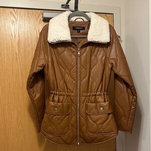 Kenneth Cole Faux Leather Brown Quilted Jacket with Sherpa Collar